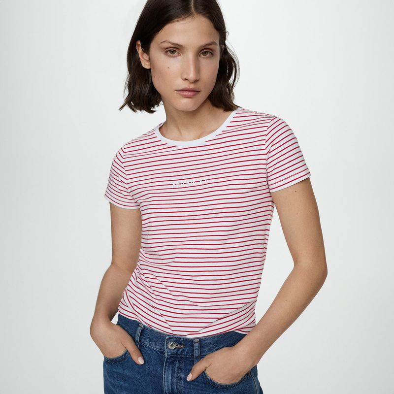 MANGO - Camiseta Mujer de Rayas Manga corta de Algodón MANGO