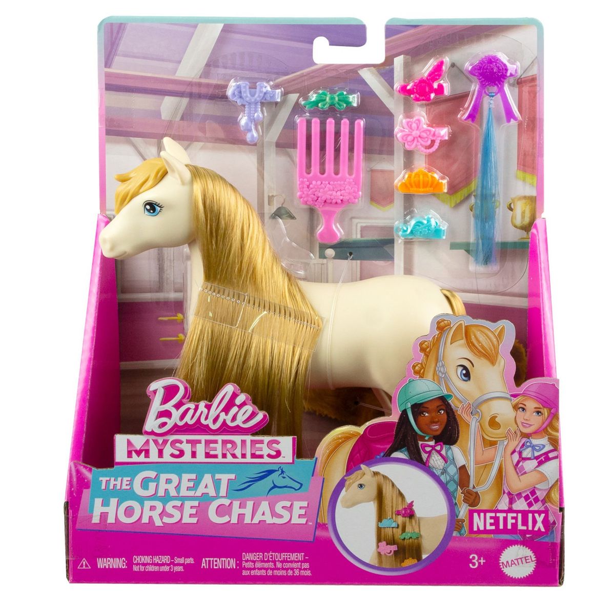BARBIE - Barbie Detective La Gran Carrera de Caballos Set de Juego Pony Peinados Divertidos Sorpresa para niñas de 3 años en adelante