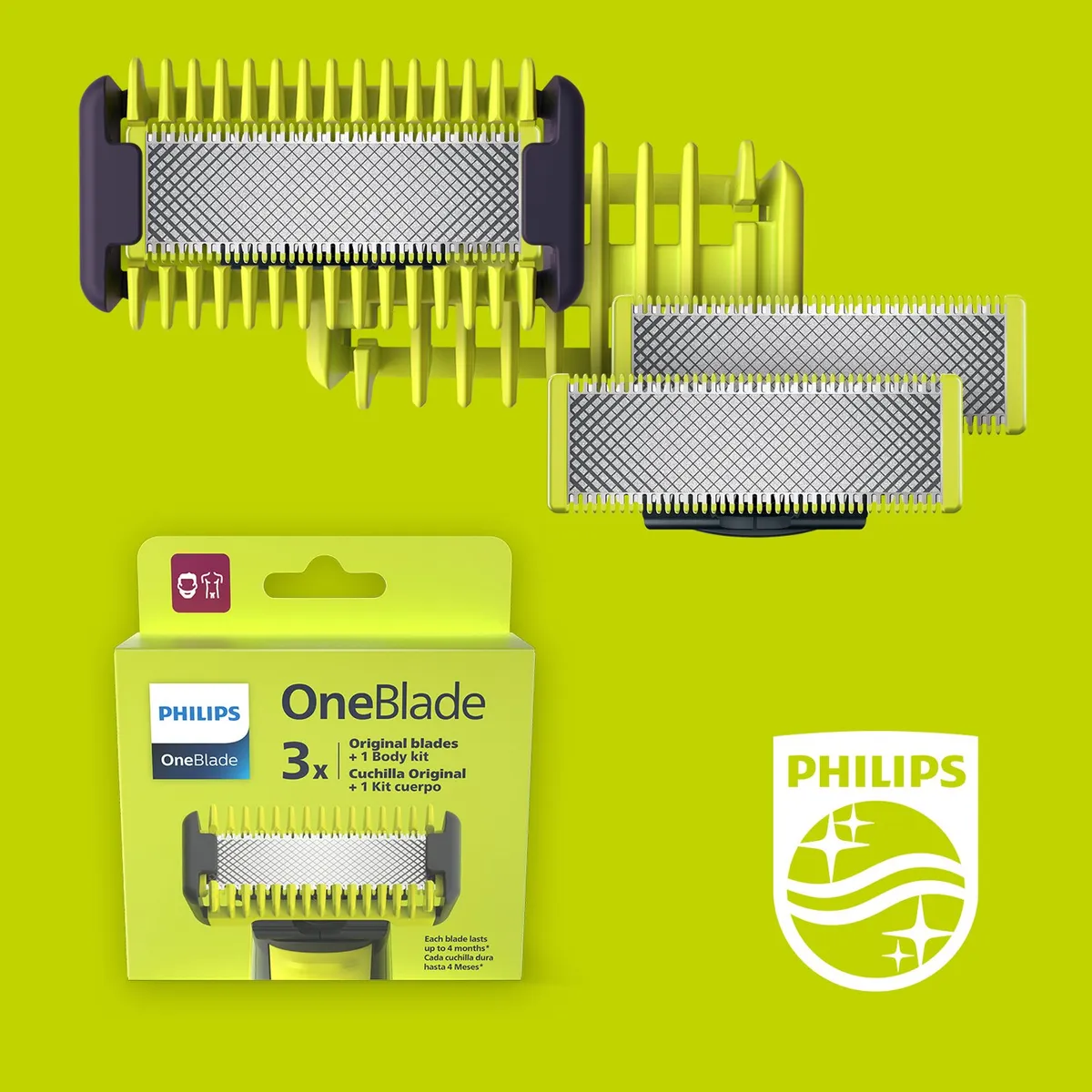 PHILIPS - Afeitadora Philips Inalámbrica | OneBlade | Cuchilla de repuesto X3 + kit de cuerpo QP630/51