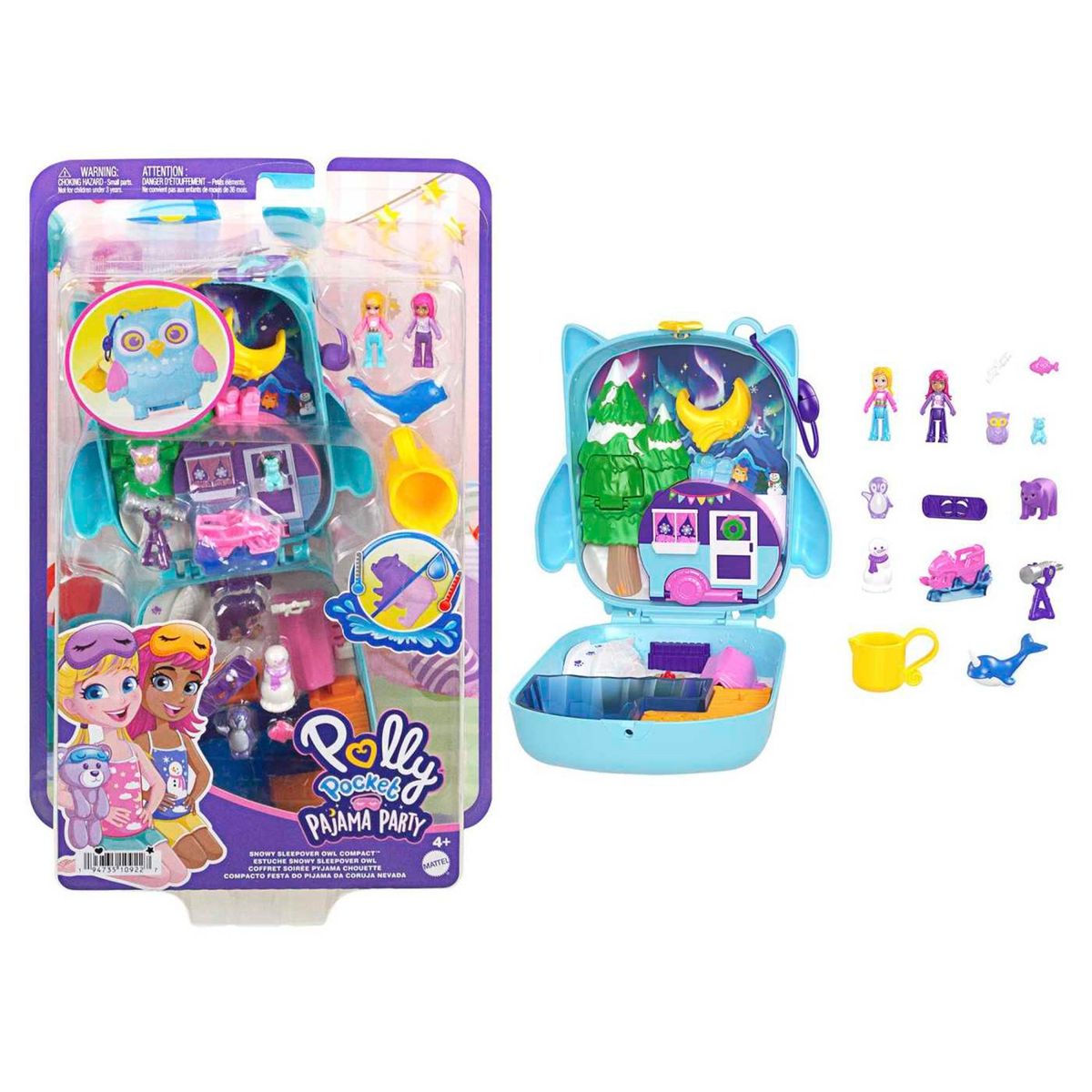 POLLY POCKET - POLLY POCKET, Set de Juego Compacto Pijamada de Búho, Original Mattel, Fiesta de Noche, 4+ Años