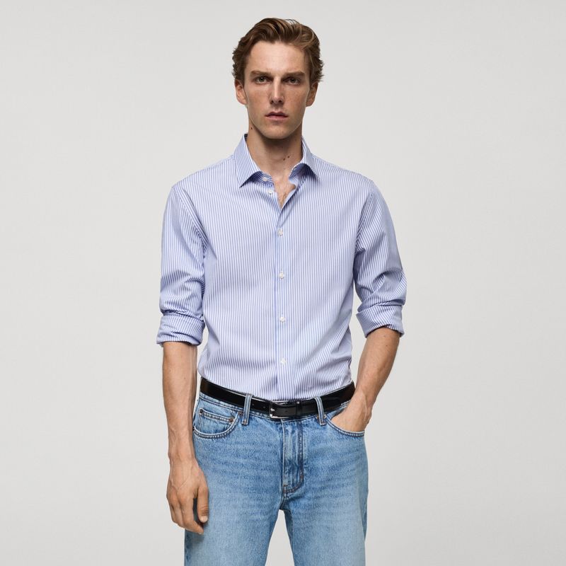 MANGO - Camisa Hombre de Rayas Manga larga Slim de Algodón MANGO