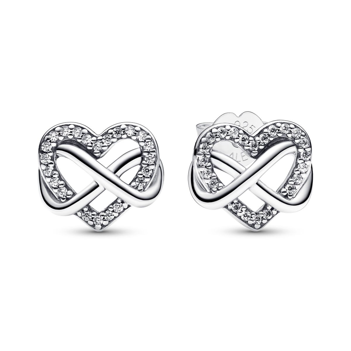 PANDORA - Aretes Pandora Botón Corazón Infinito Brillante Plata Esterlina