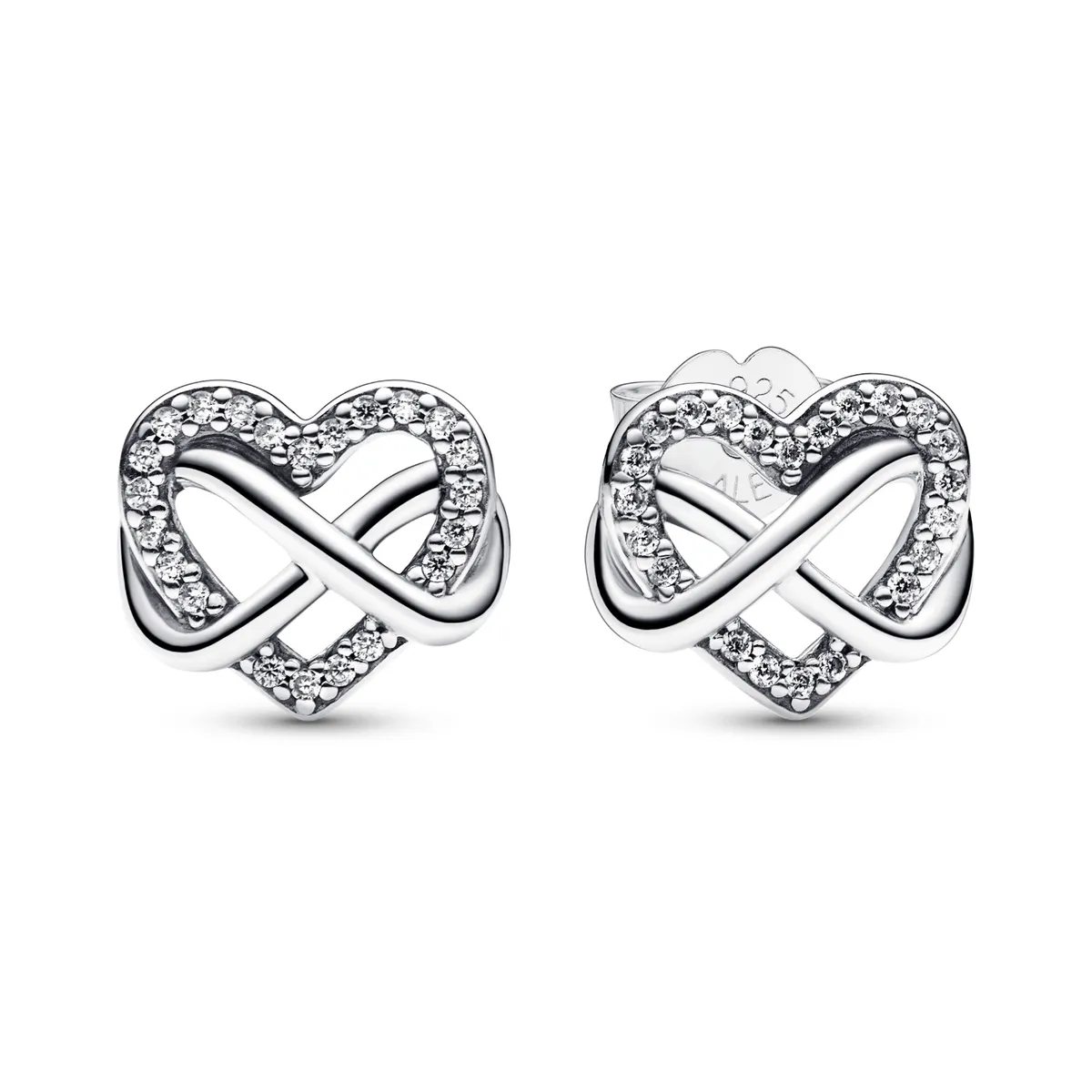 PANDORA - Aretes Pandora Botón Corazón Infinito Brillante Plata Esterlina