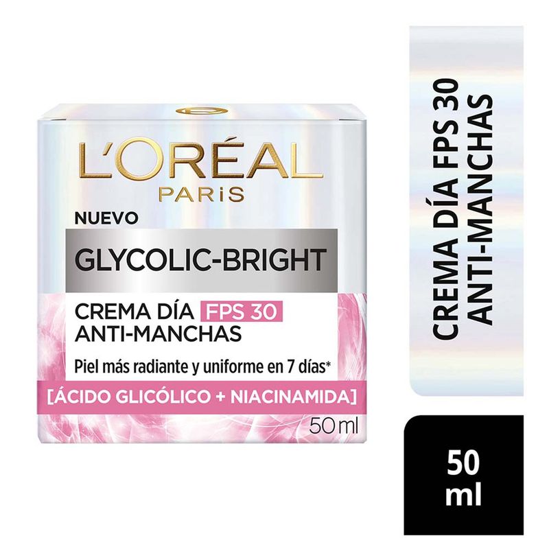 LOREAL PARIS - Hidratante facial Crema Glycolic Bright FPS30 LOREAL PARIS para Todo tipo de piel 50 ml