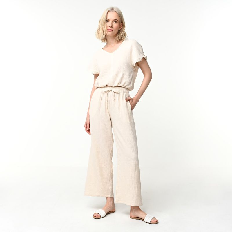 UNIVERSITY CLUB - Pantalón Wide Leg Mujer Tiro alto con Ojalillo de Algodón University Club