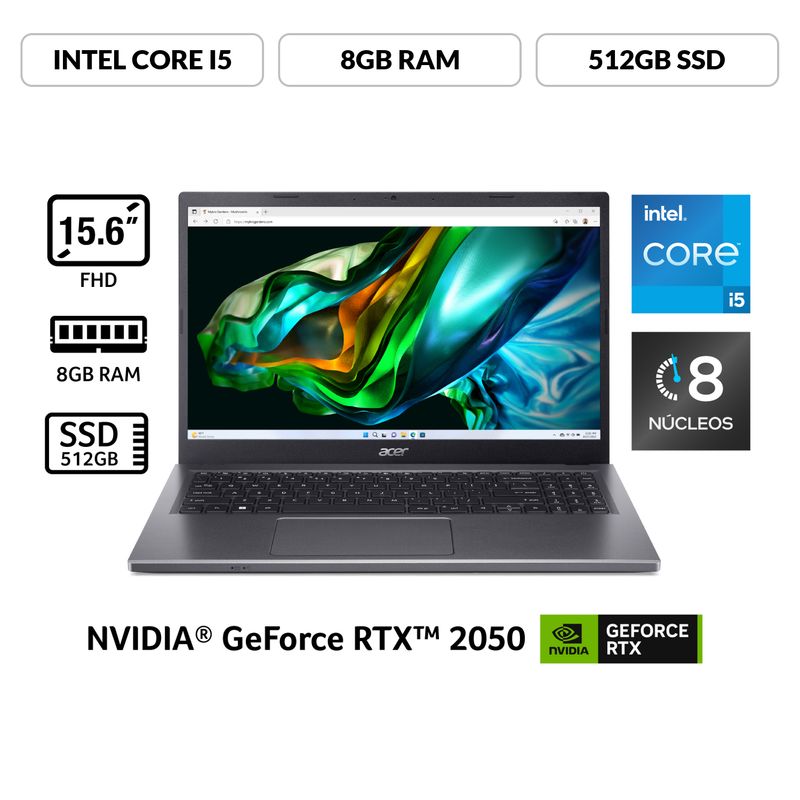 ACER - Portátil Aspire 5 Acer | Intel Core i5 | 8GB de RAM | 512GB SSD de Almacenamiento | Windows 11 | Pantalla 15.6 pulgadas | A515-58GM-57FV | Computador portátil