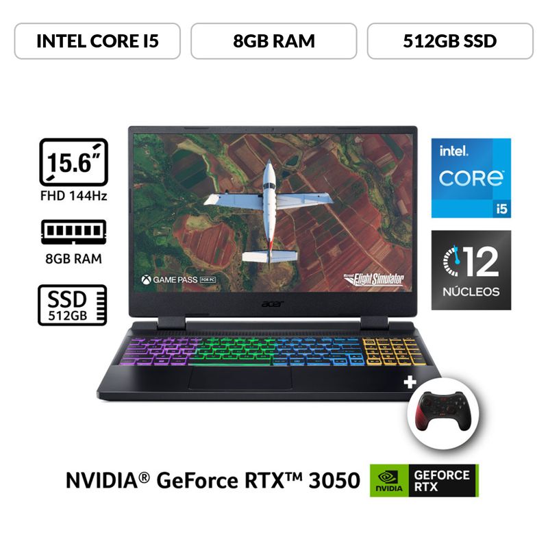 ACER - Portátil Gamer Acer Nitro 5|Geforce RTX 3050|Intel Core i5 | 8GB de RAM | 512GB SSD de Almacenamiento | Windows 11 | Pantalla 15.6 pulgadas | AN515-58-51S2 | Computador portátil