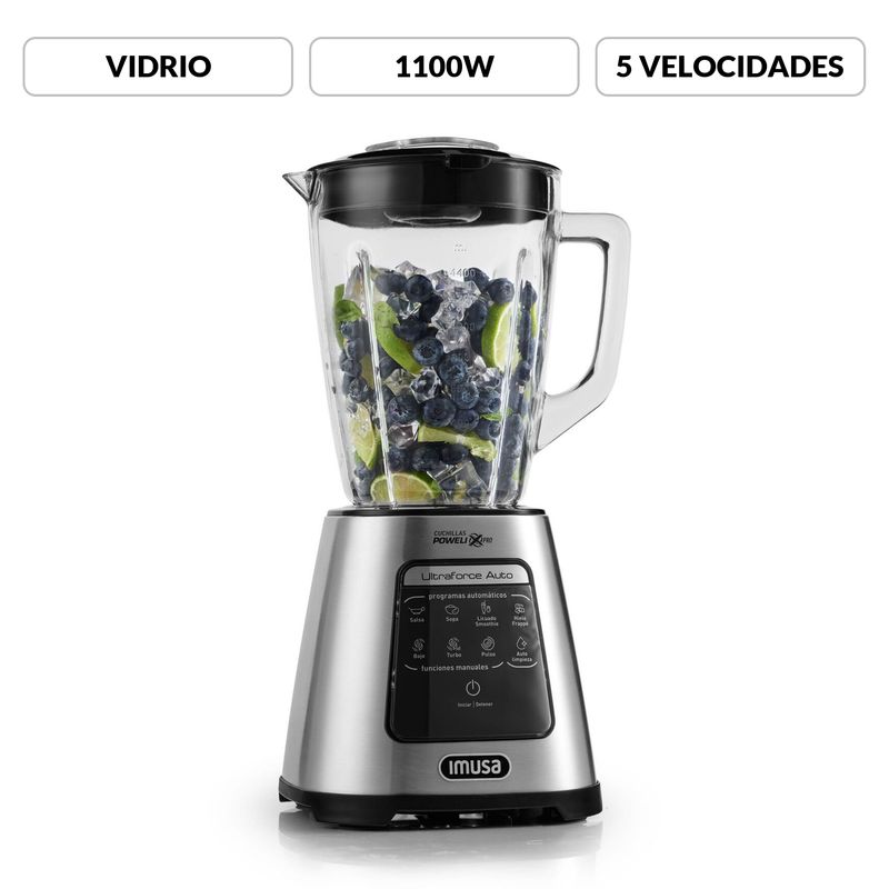 IMUSA - Licuadora Imusa Ultraforce Auto 1100W, Vidrio, 2.2L, Panel Digital 5 velocidades 