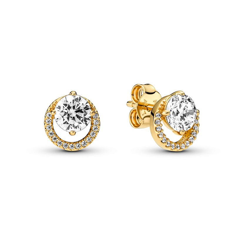 PANDORA - Aretes Pandora Botón Halo Redondo Brillante Recubrimiento en Oro