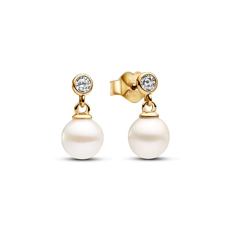 PANDORA - Aretes Pandora Colgantes Perla Cultivada de Agua Dulce y Gemas Recubrimiento en Oro