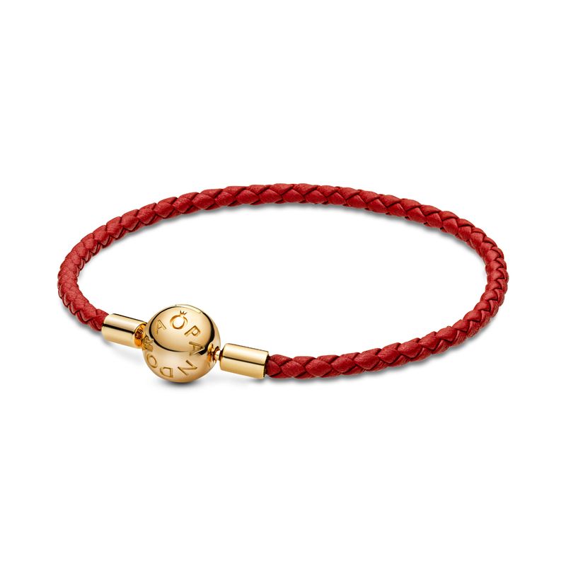 PANDORA - Brazalete Pandora Piel Trenzada Roja Recubrimiento en Oro
