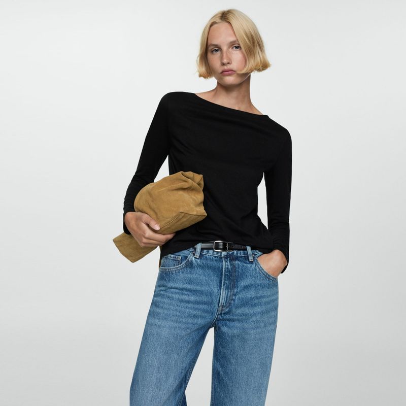 MANGO - Camiseta Mujer Manga larga de Algodón MANGO