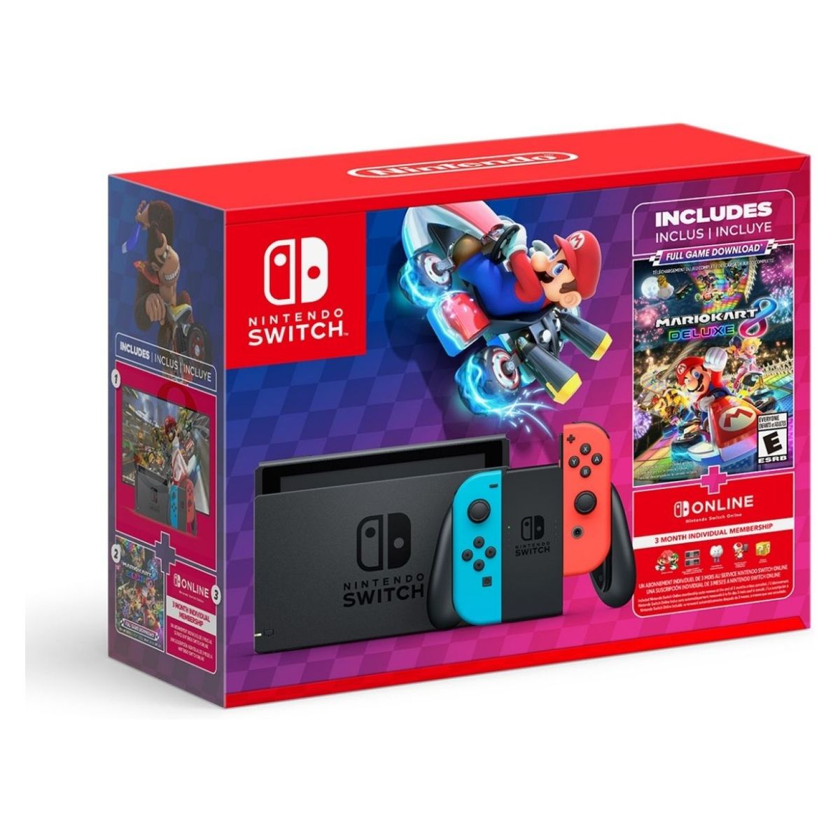 NINTENDO - Consola Nintendo Switch | Incluye Juego Mario Kart 8 Deluxe + 3 Meses Suscripción Nintendo Online | 2 Joy-Con Neon, Rojo y Azul | 32GB de almacenamiento