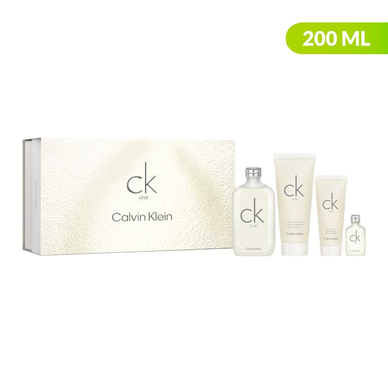 CALVIN KLEIN - Set de Perfume Unisex Este set de regalo CK One incluye: CK One Eau de Toilette 200 ml (6.7 oz), CK One Loción Corporal 200 ml (6.7 oz), CK One Gel de Ducha 100 ml (3.3 oz), CK One Eau de Toilette 15 ml (0.5 oz)
