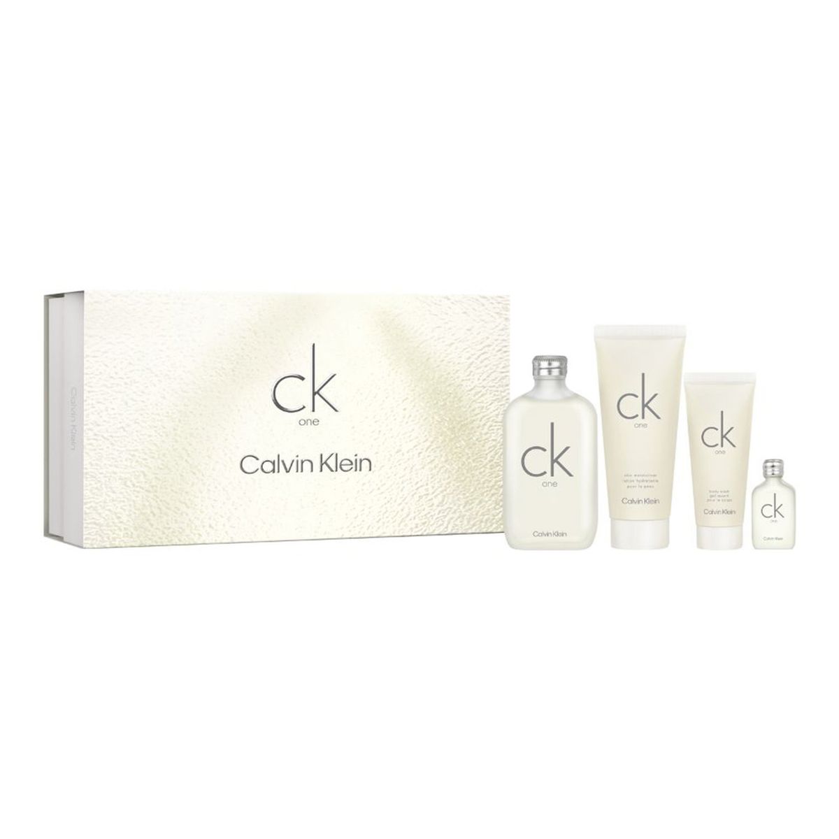 CALVIN KLEIN - Set de Perfume Unisex Este set regalo CK One incluye: CK One Eau de toilette 200 ml (6.7 oz), CK One Loción Corporal 200 ml (6.7 oz), CK One Gel Ducha 100 ml (3.3 oz), CK One Eau de toilette 15 ml (0.5 oz)