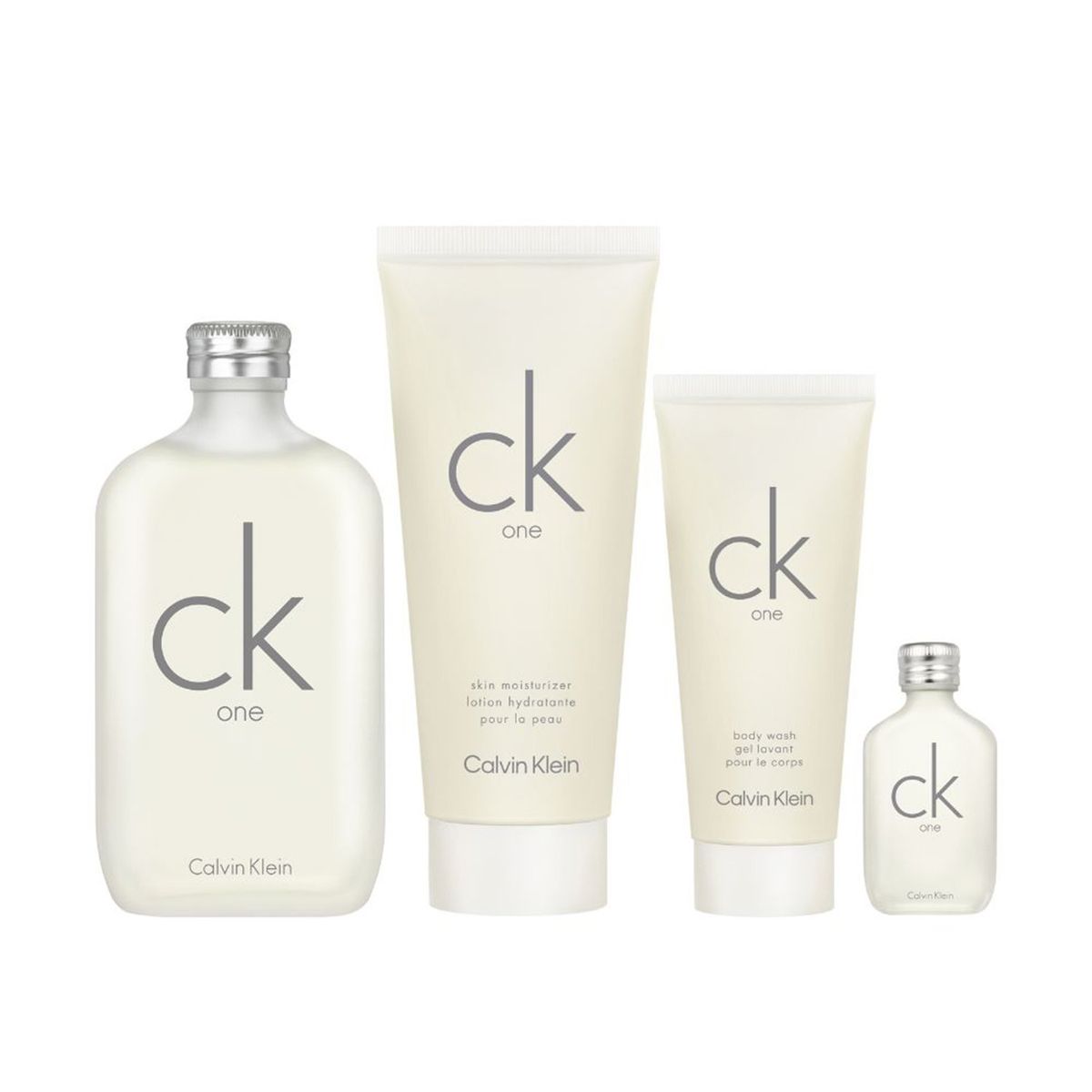 CALVIN KLEIN - Set de Perfume Unisex Este set regalo CK One incluye: CK One Eau de toilette 200 ml (6.7 oz), CK One Loción Corporal 200 ml (6.7 oz), CK One Gel Ducha 100 ml (3.3 oz), CK One Eau de toilette 15 ml (0.5 oz)