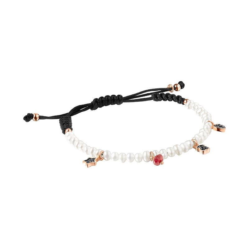 TOUS - Pulsera Motif de Perlas y Cordón negro con Plata baño de oro rosa 18 kt sobre plata y Gemas