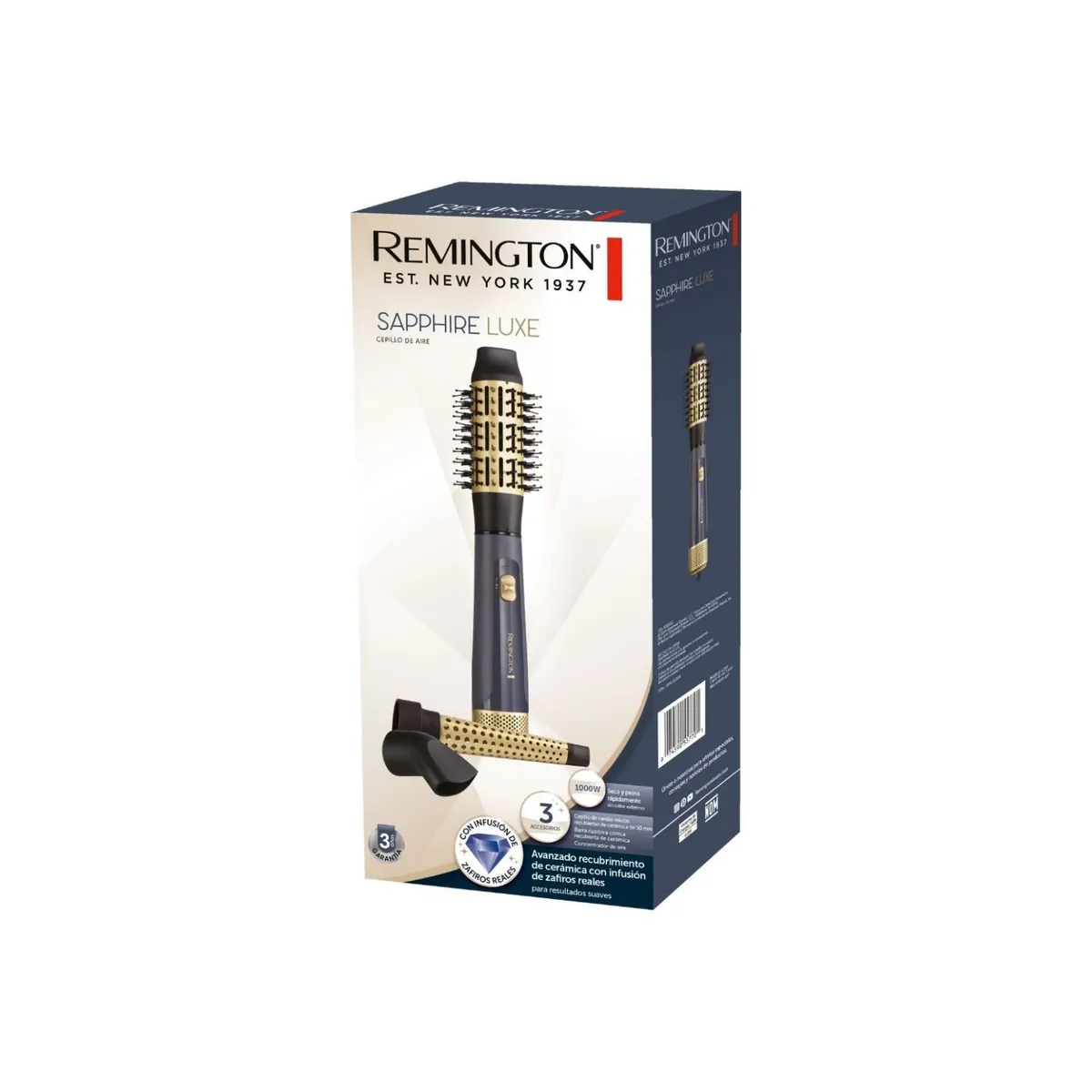REMINGTON - Cepillo de Aire Multiestilizador Remington  Sapphire Luxe con 3 Accesorios: Cepillo, Rizador y Concentrador, AS5805
