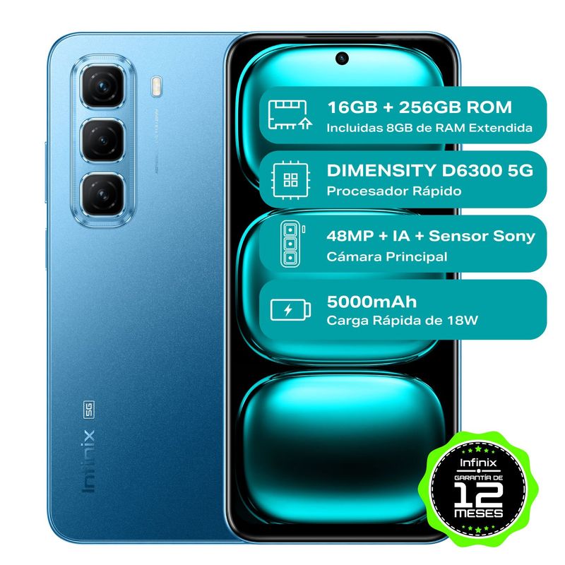 INFINIX - Celular Infinix HOT 50 5G Black  8GB RAM 256GB ROM Cámara posterior 48MP Cámara frontal 8MP Pantalla 6.7 Mediatek Dimensity 6300