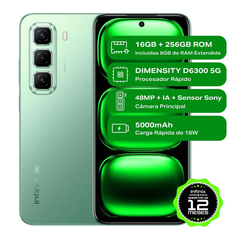 INFINIX - Celular Infinix HOT 50 5G Black  8GB RAM 256GB ROM Cámara posterior 48MP Cámara frontal 8MP Pantalla 6.7 Mediatek Dimensity 6300