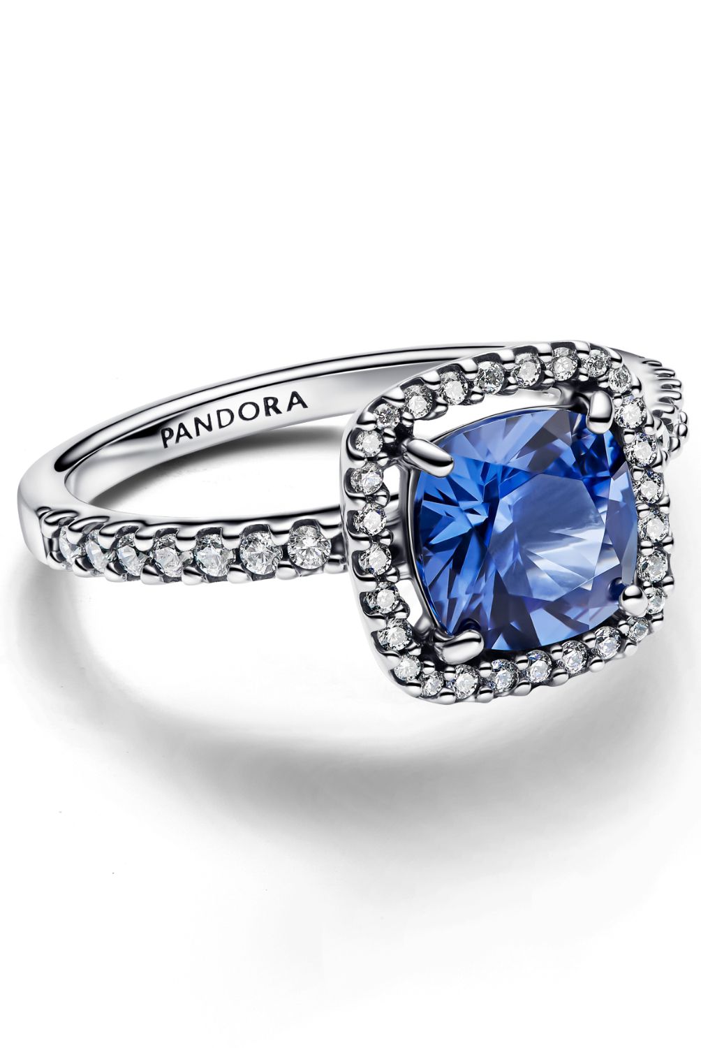 PANDORA - Anillo Pandora Declaración Halo Cuadrado Azul Plata Esterlina 