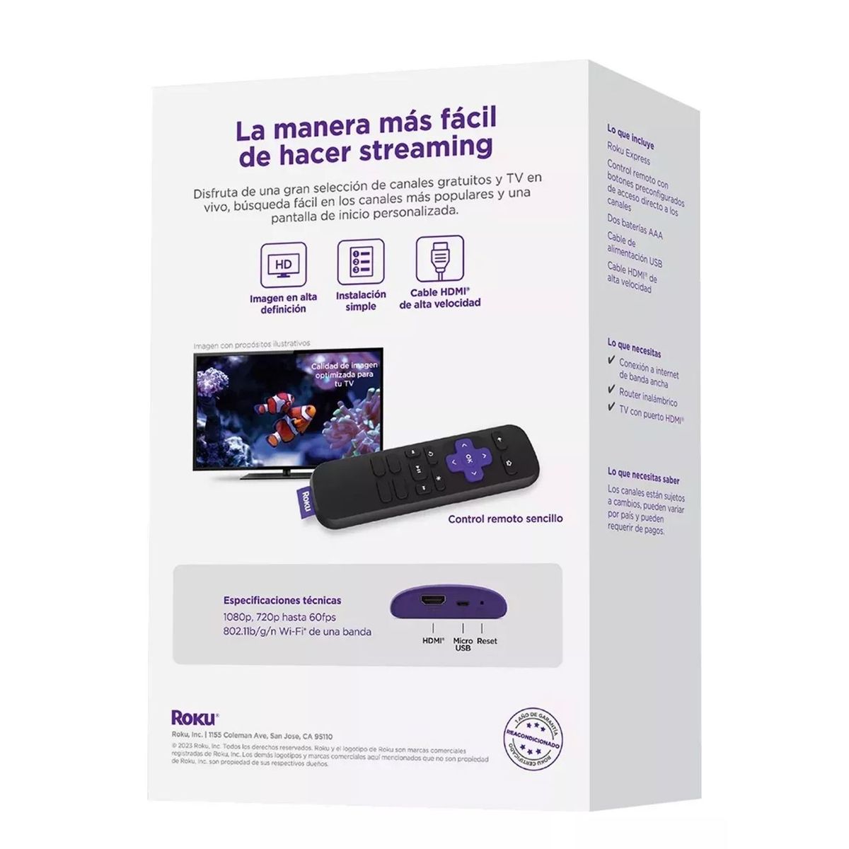 ROKU - Roku Express Reempacado | dispositivo de streaming |Incluye cable HDMI/USB de alta velocidad y control remoto | Compatible con Alexa, Google Home, Apple Air Play, Apple Home