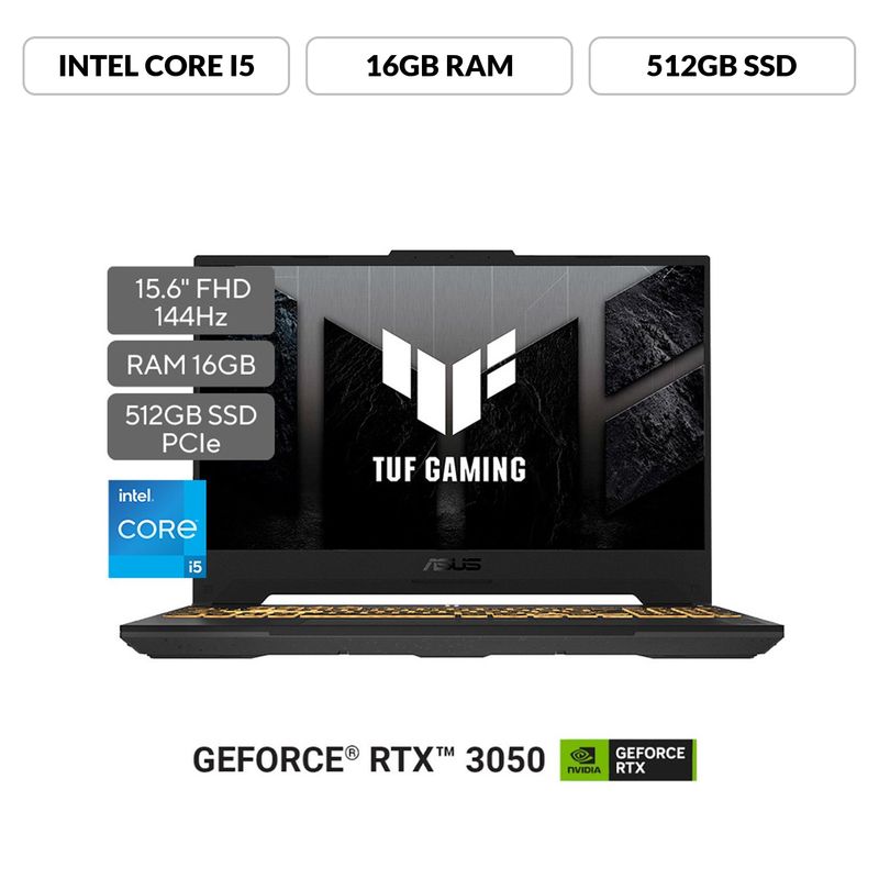 ASUS - Portátil ASUS TUF Gaming F15 | GeForce RTX 3050 | Intel Core i5 | 16GB de RAM | 512G SSD de almacenamiento |  Windows 11 | 15.6 Pulgadas | FX507ZC4-HN073W | Computador portátil Gamer