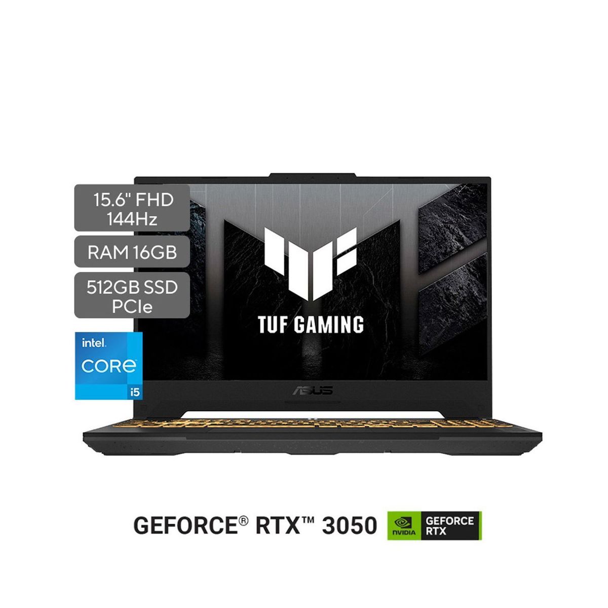 ASUS - Portátil ASUS TUF Gaming F15 | GeForce RTX 3050 | Intel Core i5 | 16GB de RAM | 512G SSD de almacenamiento |  Windows 11 | 15.6 Pulgadas | FX507ZC4-HN073W | Computador portátil Gamer