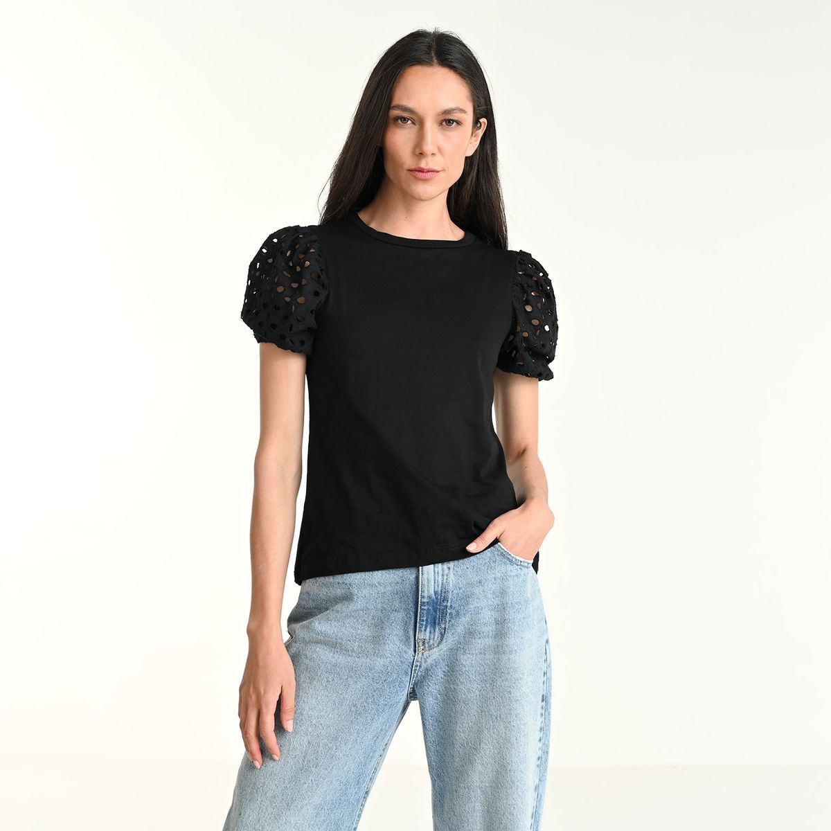 BASEMENT - Camiseta Mujer con Ojalillo Manga corta globo de Algodón Basement