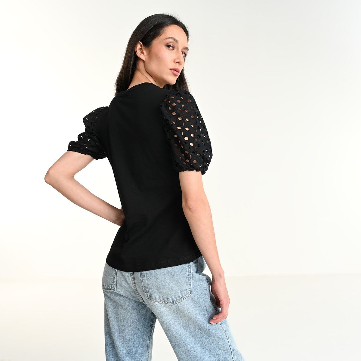 BASEMENT - Camiseta Mujer con Ojalillo Manga corta globo de Algodón Basement