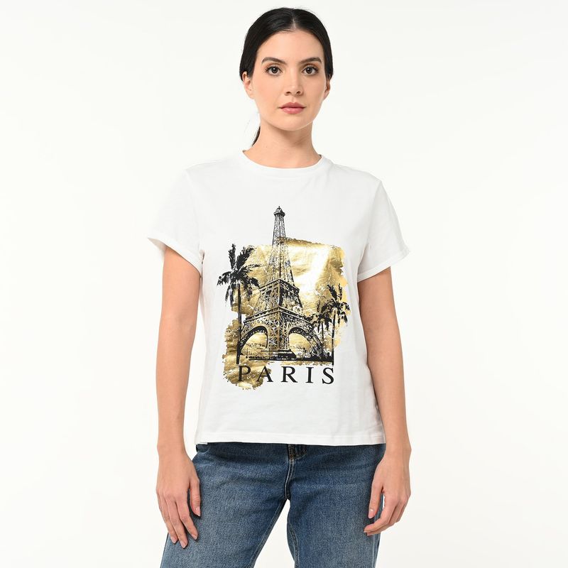 BASEMENT - Camiseta Mujer con Estampado Manga corta de Algodón Basement