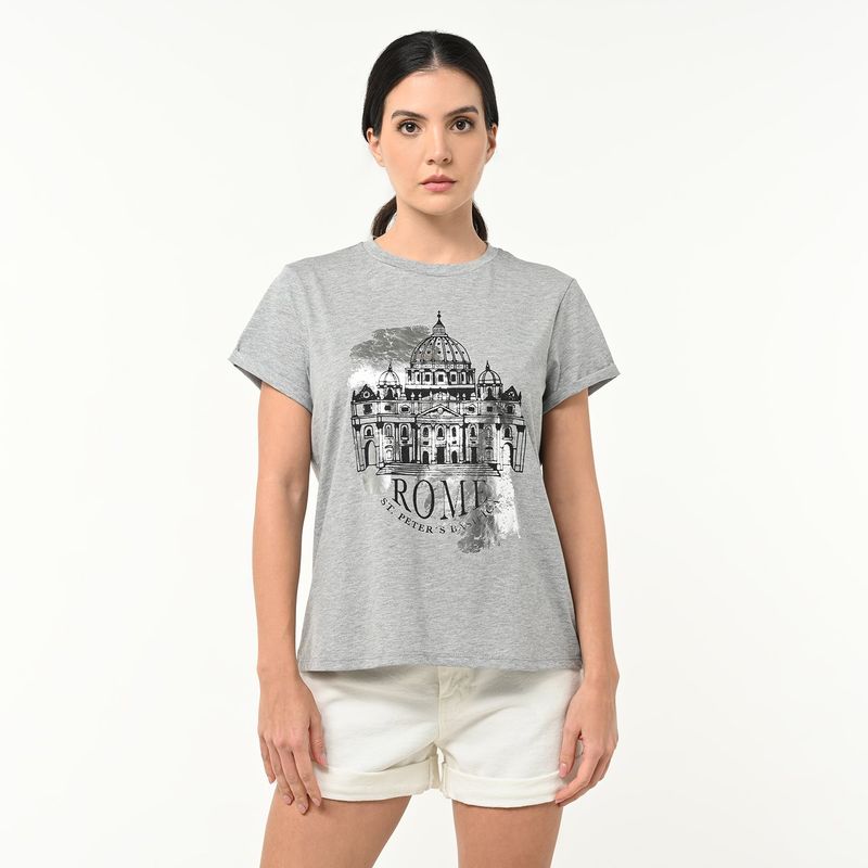 BASEMENT - Camiseta Mujer con Estampado Manga corta de Algodón Basement