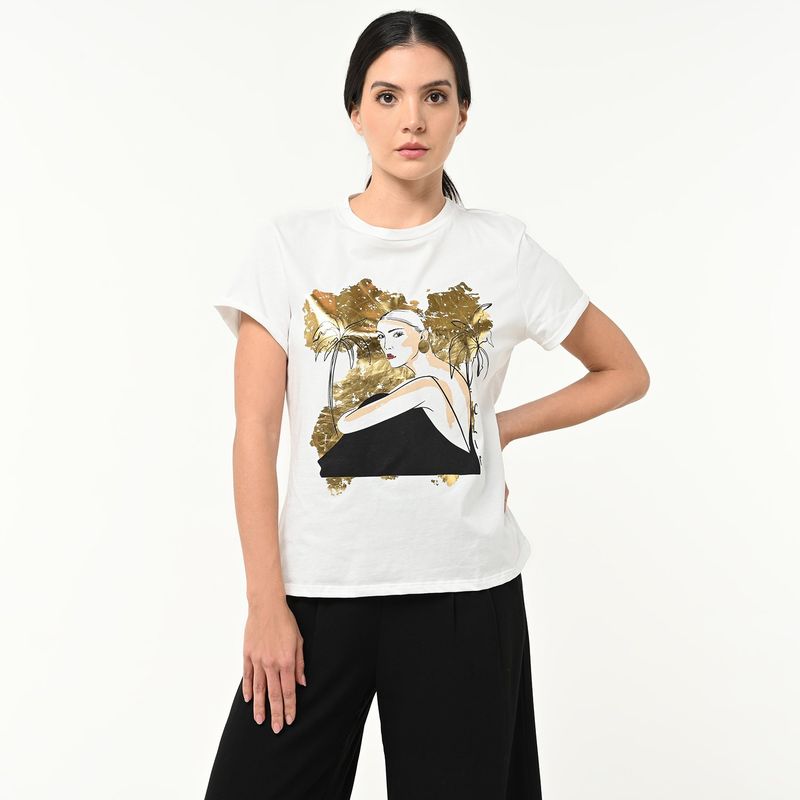 BASEMENT - Camiseta Mujer con Estampado Manga corta de Algodón Basement