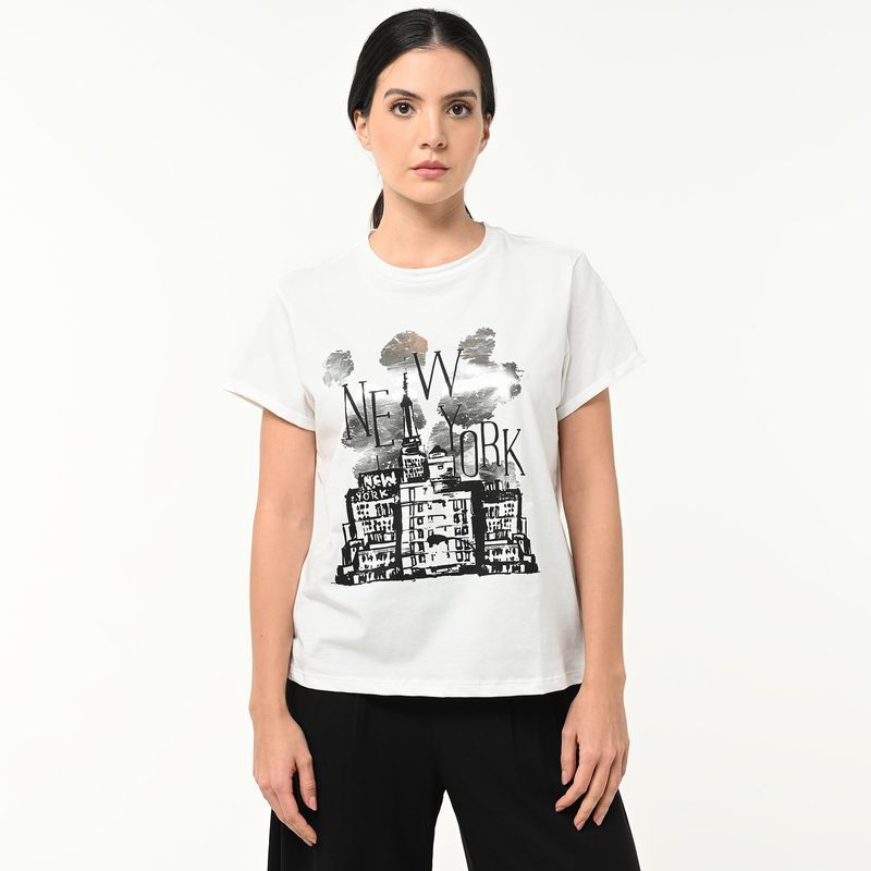 BASEMENT - Camiseta Mujer con Estampado Manga corta de Algodón Basement