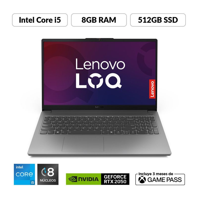 LENOVO - Portátil Gamer Lenovo LOQ| Geforce RTX 2050 |Intel Core i5 Serie HX | 8GB de RAM | 512GB SSD de Almacenamiento | Windows 11 | Pantalla 15.6 pulgadas | LOQ | Computador Portátil 