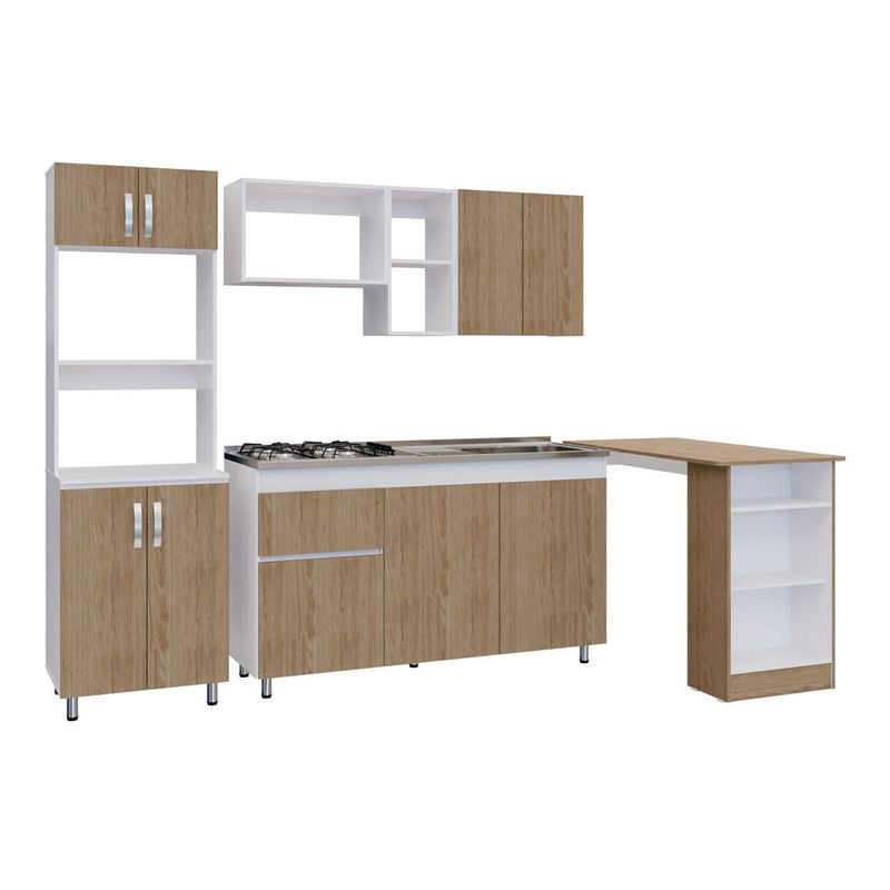 BERTOLINI - Proyecto Cocina Integral Rosy 210cm lavaplatos derecho y fogones + Alacena + barra