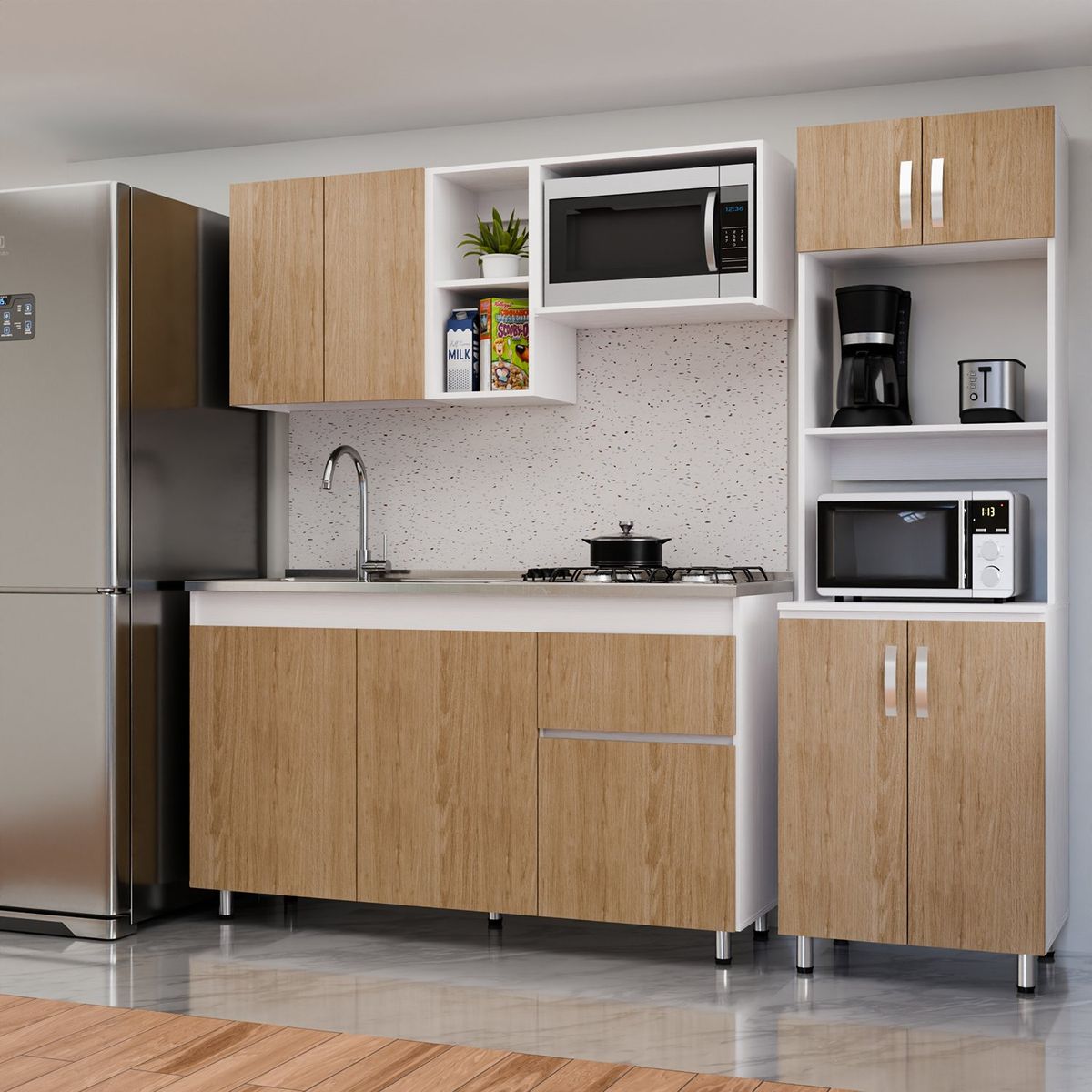 BERTOLINI - Cocina Integral Rosy 210cm SIN mesón con locero y porta vasos + Alacena Rovere