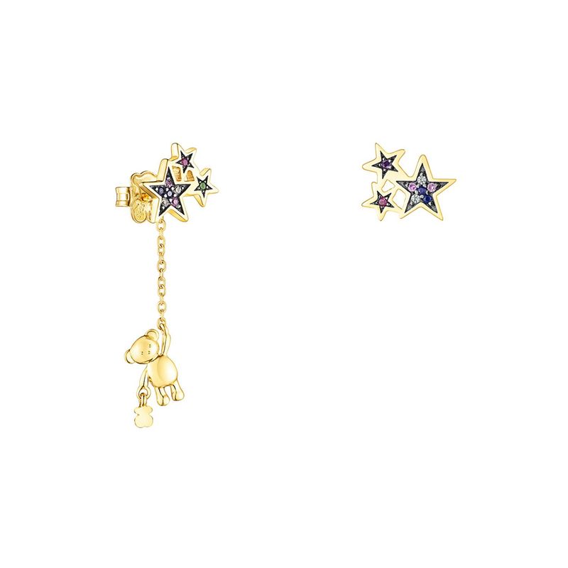 TOUS - Aretes corto/largo Teddy Bear Stars con baño de oro 18 kt sobre plata y gemas