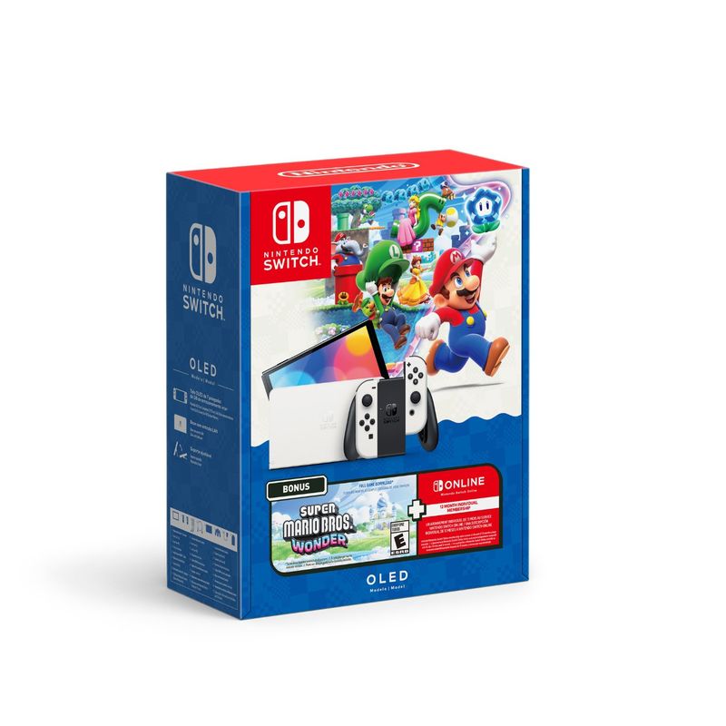 NINTENDO - Consola Nintendo Switch | Modelo OLED Blanco | Incluye Super Mario Bros. Wonder + 12 Meses Suscripción Individual Nintendo Online | Bundle Navideño 
