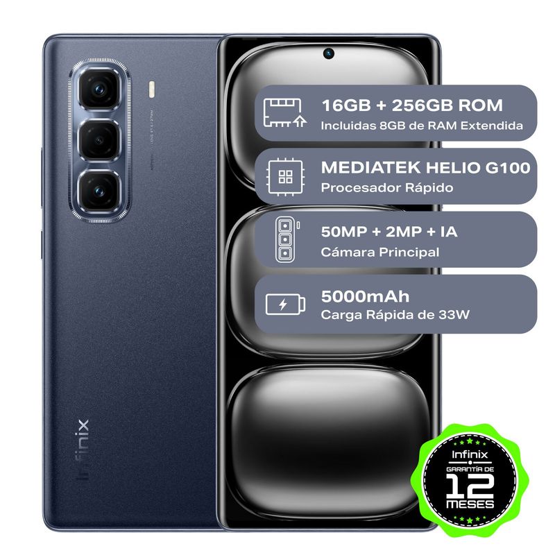INFINIX - Celular Infinix HOT 50 PRO+ Black 8GB RAM 256GB ROM Cámara posterior 50MP Cámara frontal 13MP Pantalla 6.7 Mediatek Helio G100