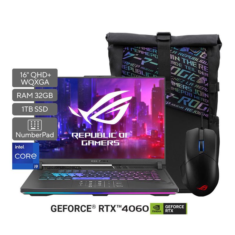 ASUS - Portátil Gamer ROG Strix G16 | GeForce RTX 4060 | Intel Core i9 | 32GB de RAM | 1TB SSD de almacenamiento | Windows 11 | 16 Pulgadas | G614JVR-N4011W | Computador Portátil Gamer