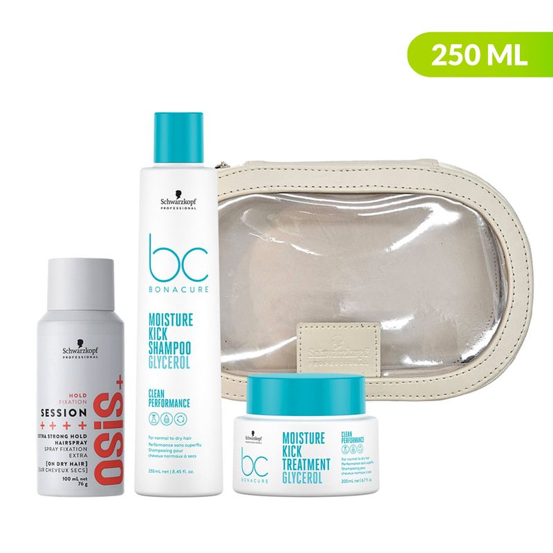 BONACURE BY SCHWARZKOPF - Tratamientos capilares Moisture Kick para Hidratación Bonacure By Schwarzkopf : Incluye Moisture Kick Shampoo 250ml, Moisture Kick Tratamiento 200ml, Osis Session Laca Extrafuerte 100ml