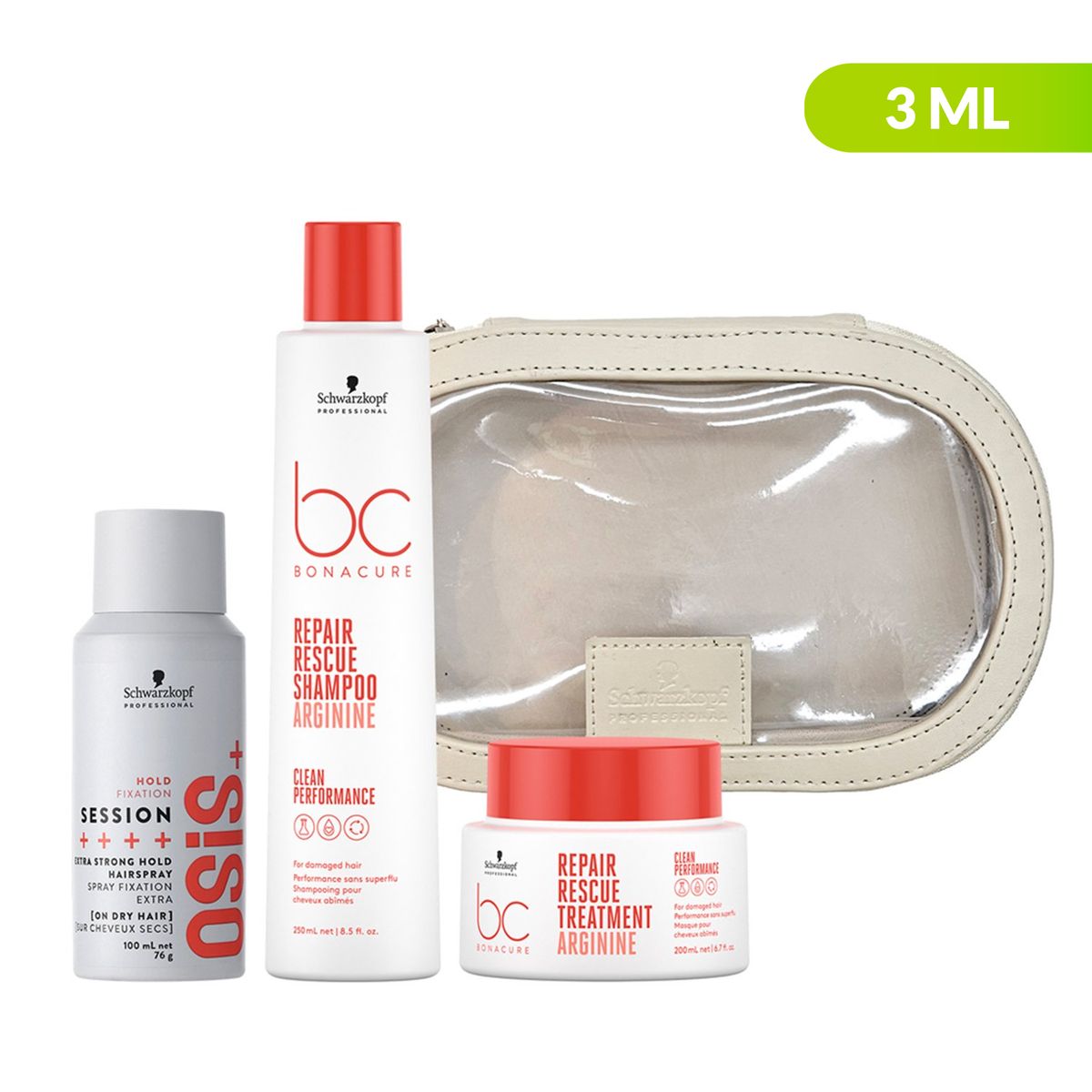 BONACURE BY SCHWARZKOPF - Tratamientos capilares Repair Rescue para Cabello Dañado Bonacure By Schwarzkopf:  Incluye Repair Rescue Shampoo 250ml, Repair Rescue Tratamiento 200ml, Osis Session Laca Extrafuerte 100ml