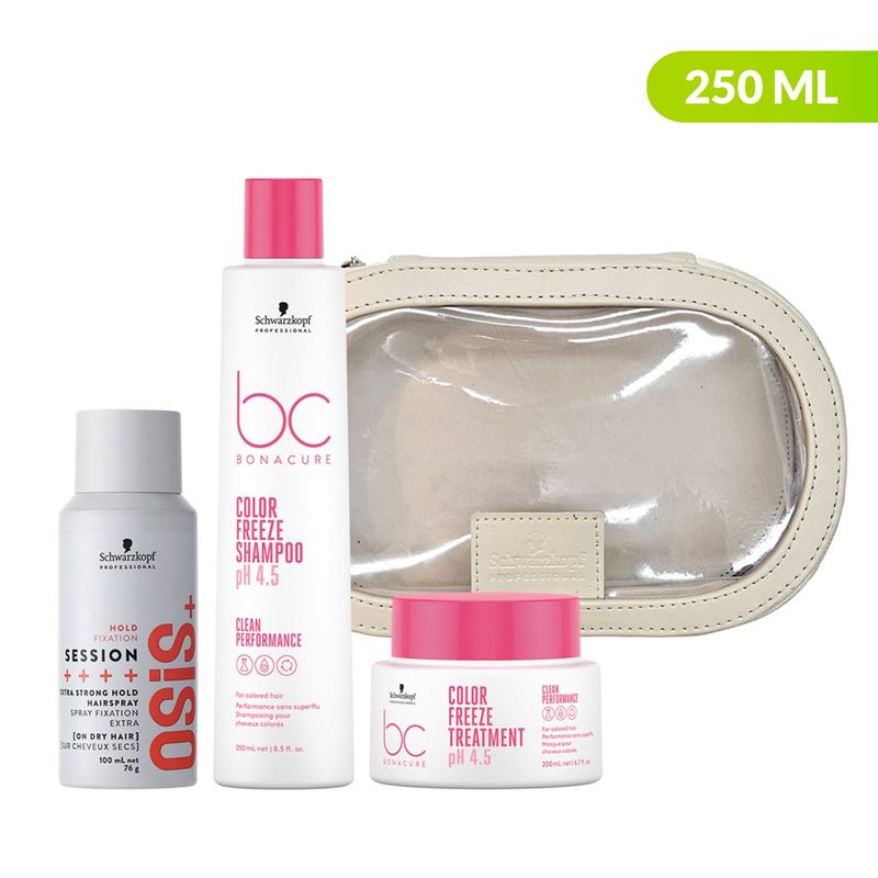 BONACURE BY SCHWARZKOPF - Tratamientos capilares Color Freeze para Cuidado del Color  Bonacure By Schwarzkopf:  Incluye Color Freeze Shampoo 250ml, Color Freeze Tratamiento 200ml, Osis Session Laca Extrafuerte 100ml