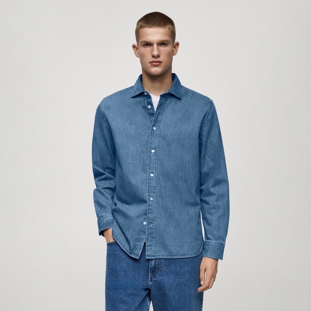 MANGO - Camisa de jean Hombre Manga larga de Algodón Mango