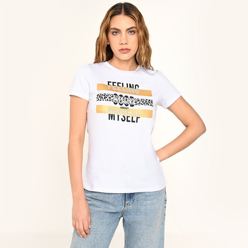 MOSSIMO - Camiseta Mujer con Estampado Manga corta de Algodón Mossimo