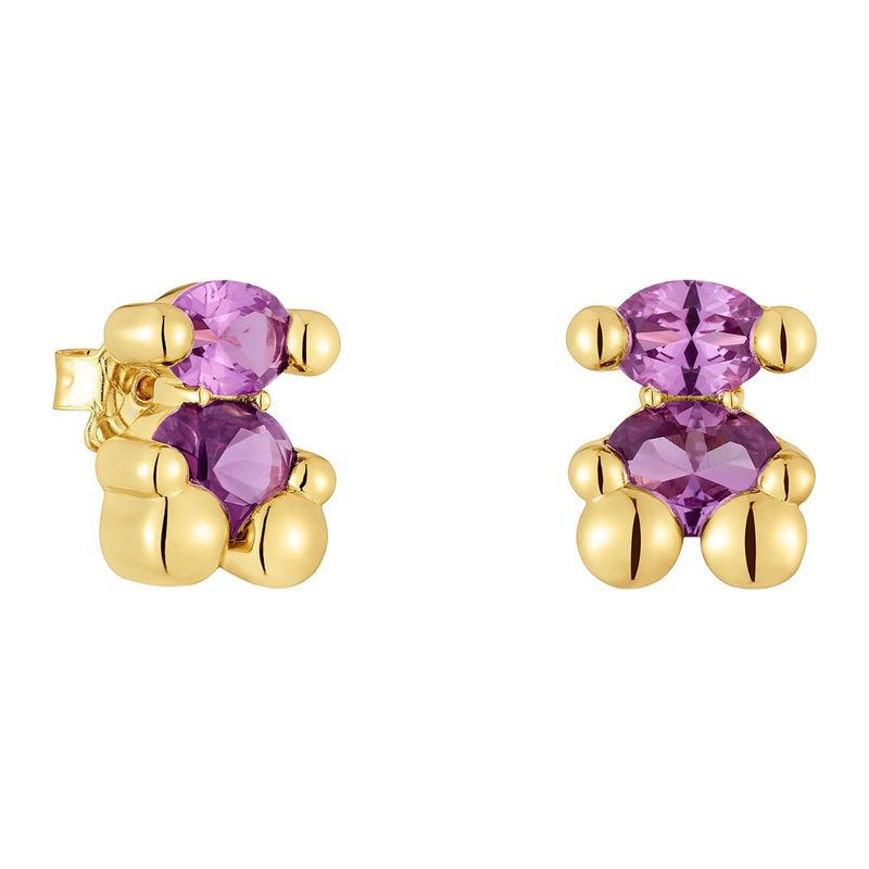TOUS - Aretes motivo oso con baño de oro 18 kt sobre plata y zafiro lila creado en laboratorio 13 mm Color Bear LGG