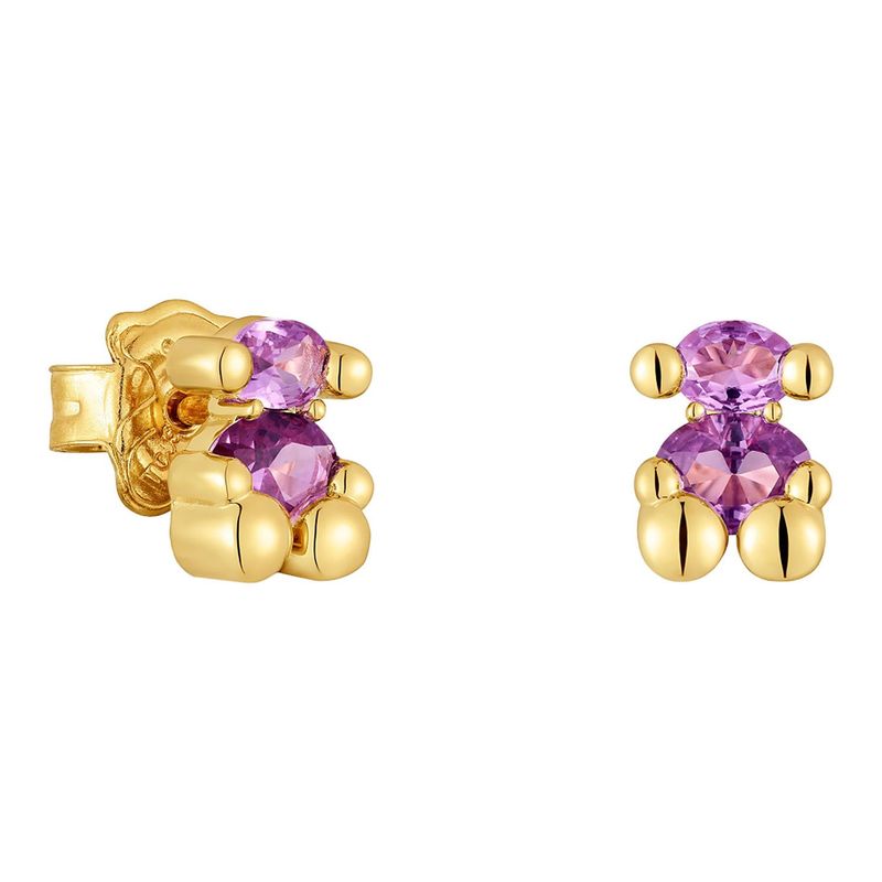 TOUS - Aretes motivo oso con baño de oro 18 kt sobre plata y zafiro lila creado en laboratorio 8 mm Color Bear LGG