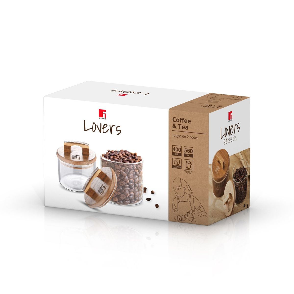 BERGNER - Set x2 Tarros De Cocina Con Tapa De Acacia (400 ml + 550 ml) Vidrio Borosilicato Coffee & Tea Lovers