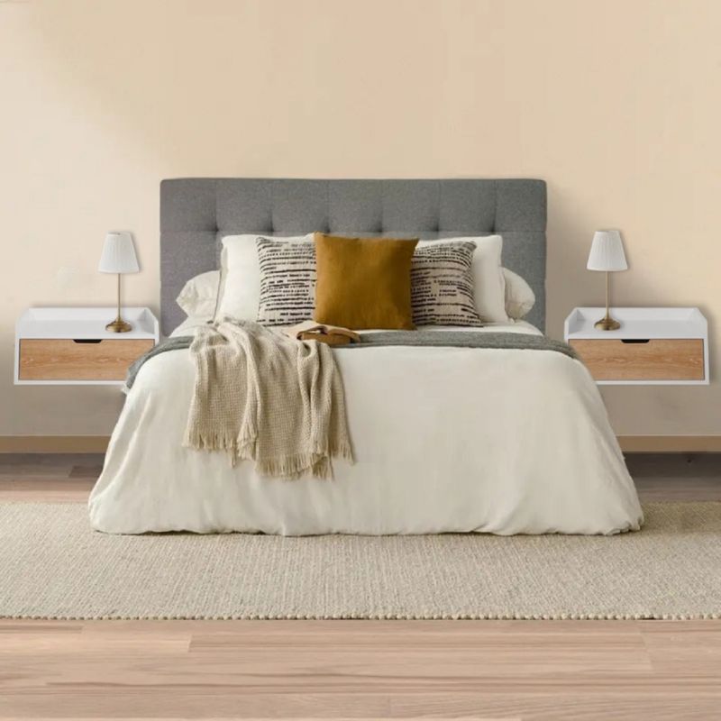 DKO DESIGN - Combo Cabecero Cama Doble (60x140x5) Gris Memphis + Set x 2 mesas de noche Toulus Flotantes